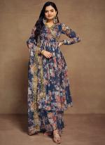 Chiffon Blue Party Wear Printed Readymade Plazzo Suit